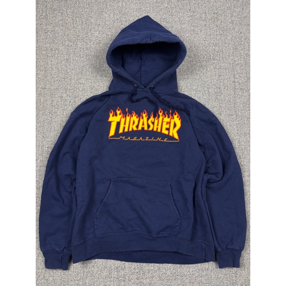 Thrasher Magazine Flame Logo Hoodie‎ Mens Medium Navy Blue Skate Sweatshirt